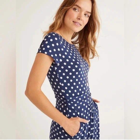 Boden Amelie Jersey Blue and White Polka Dot Dress - Picture 2 of 9